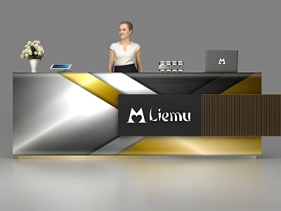 Modern Silver And Gold Reception Desk With Liemu Logo Receptionist Vase And Devices 3d model