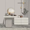 Elegant Modern Dressing Table Interior With White Round Mirror Drawers Stool And Decor Items 3d model