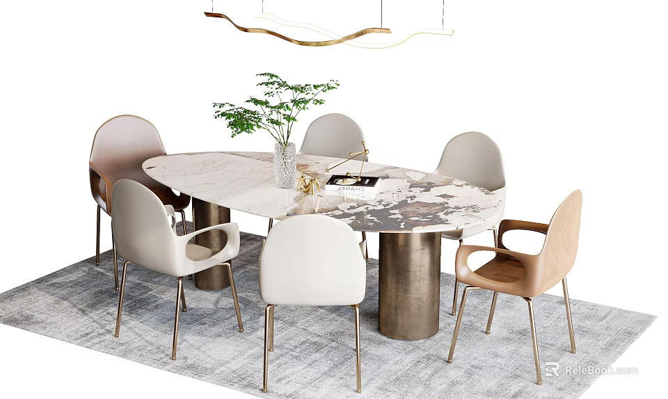 Modern Dining Table Set With Round Marble Top Metal Legs Beige Brown Chairs Green Plant 3d model 