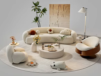 Modern Cozy Sofa and Coffee Table Set with Armchair Rug Plants Floor Lamp and Pillows 3d model