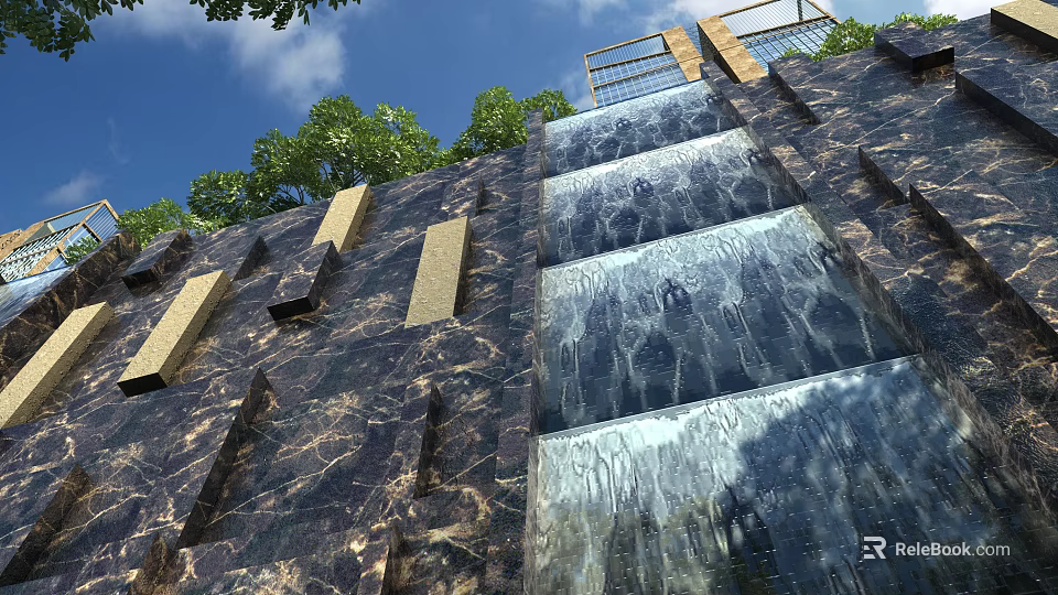 Garden Water Wall Feature With Flowing Water Stone Surface And Decorative Blocks 3d model 