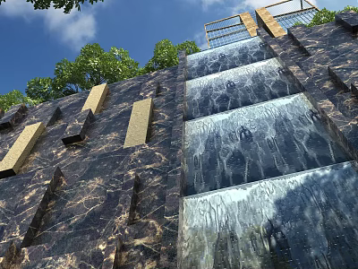 Garden Water Wall Feature With Flowing Water Stone Surface And Decorative Blocks 3d model