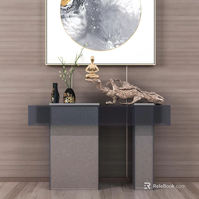 Modern Console Table With Circular Wall Art Sculptures And Decorative Vase 3d model
