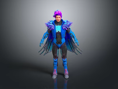 Fantasy Character With Purple Hair And Blue Feathered Costume 3d model