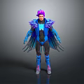 Fantasy Character With Purple Hair And Blue Feathered Costume