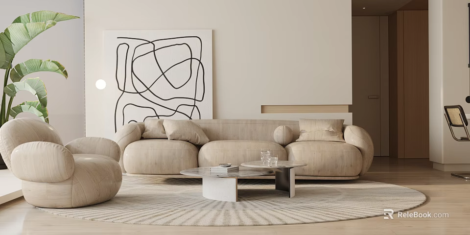 Modern Sofa And Coffee Table Set In Living Room With Abstract Art Cozy Neutral Tones 3d model 
