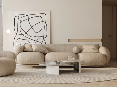 Modern Sofa And Coffee Table Set In Living Room With Abstract Art Cozy Neutral Tones 3d model