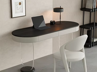 Modern Home Office Desk And Chair Set Black Tabletop White Legs Laptop Lamp 3d model