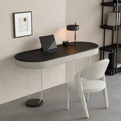 Modern Home Office Desk And Chair Set Black Tabletop White Legs Laptop Lamp 3d model