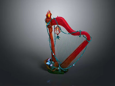 Decorative Red Harp With Flame Shaped Top Green Cord And Colorful Base 3d model