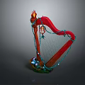 Decorative Red Harp With Flame Shaped Top Green Cord And Colorful Base