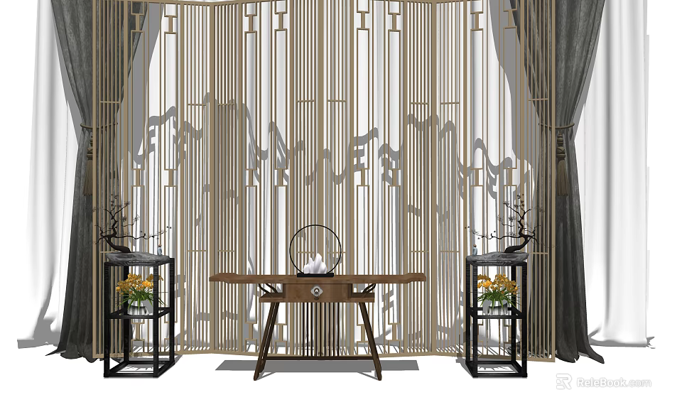 Chinese Style Console Table With Geometric Patterned Wooden Screen Landscape Silhouettes And Pedestal Vases 3d model 