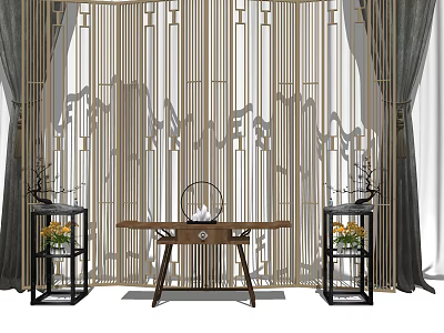 Chinese Style Console Table With Geometric Patterned Wooden Screen Landscape Silhouettes And Pedestal Vases 3d model