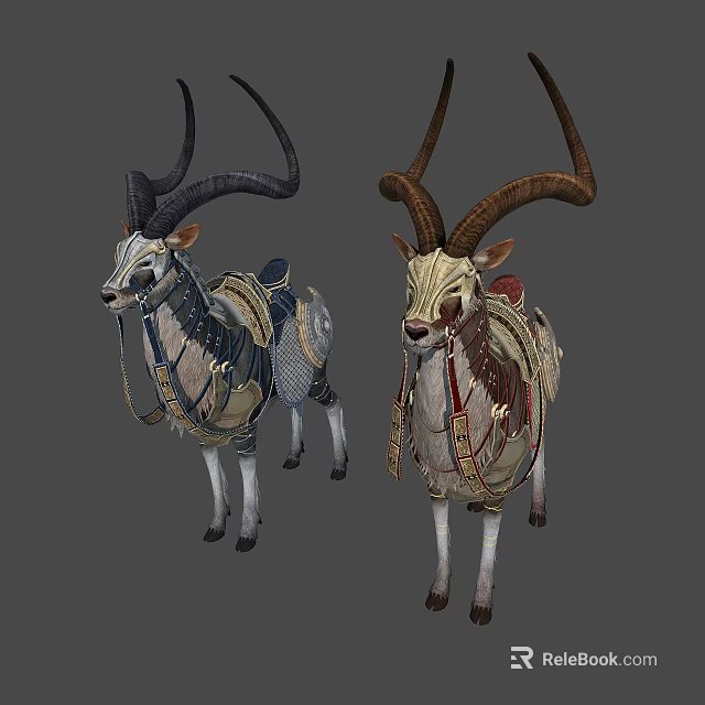 Two Decorated Antelopes With Long Horns And Ornate Saddles As Fantasy Mounts 3d model 
