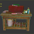 Wooden Workbench With Red Toolbox Hammer Screwdriver Orange Tool Blue Bottle And Metal Bucket