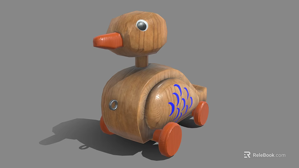 Wooden Toy Duck With Orange Beak Wheels And Blue Fish Scale Design 3d model 