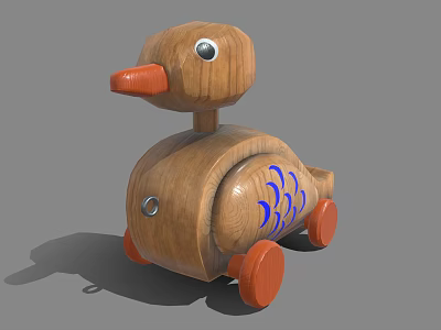 Wooden Toy Duck With Orange Beak Wheels And Blue Fish Scale Design 3d model