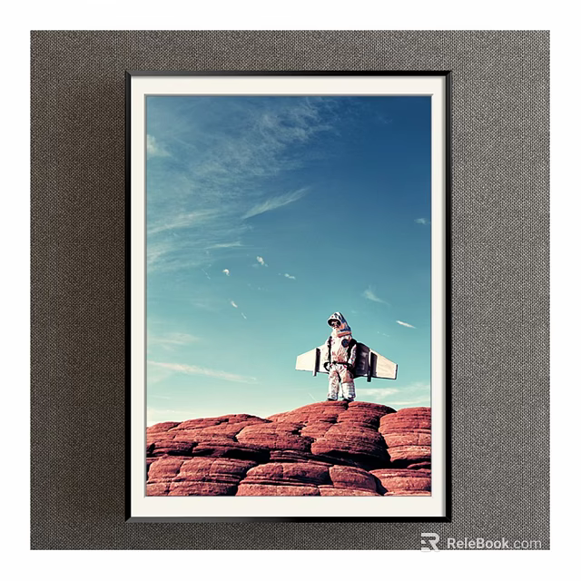 Figure Painting Of Astronaut Standing On Red Rock With Blue Sky Clouds And Flying Birds 3d model 