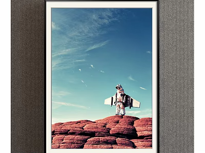 Figure Painting Of Astronaut Standing On Red Rock With Blue Sky Clouds And Flying Birds 3d model