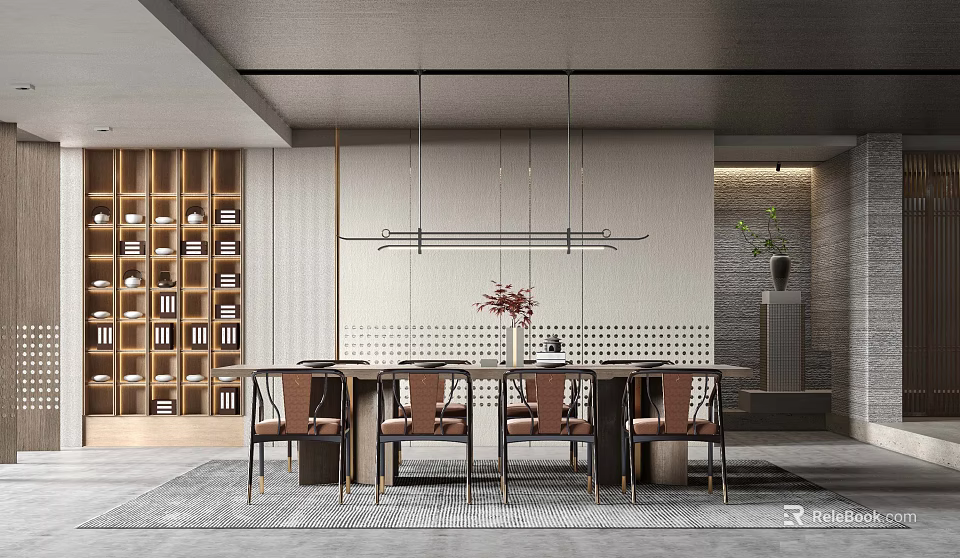 Modern Elegant Restaurant Interior With Wooden Bookshelf Marble Tabletop Pendant Light And Leather Seats 3d model 