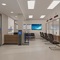 Modern Service Hall Interior with Ticket Dispenser Service Counter Large Screen and Comfortable Chairs