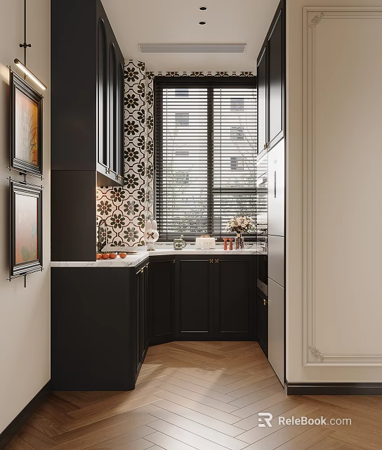 Modern Bar Area With Dark Cabinets Patterned Tile And Windows 3d model 