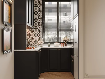 Modern Bar Area With Dark Cabinets Patterned Tile And Windows 3d model