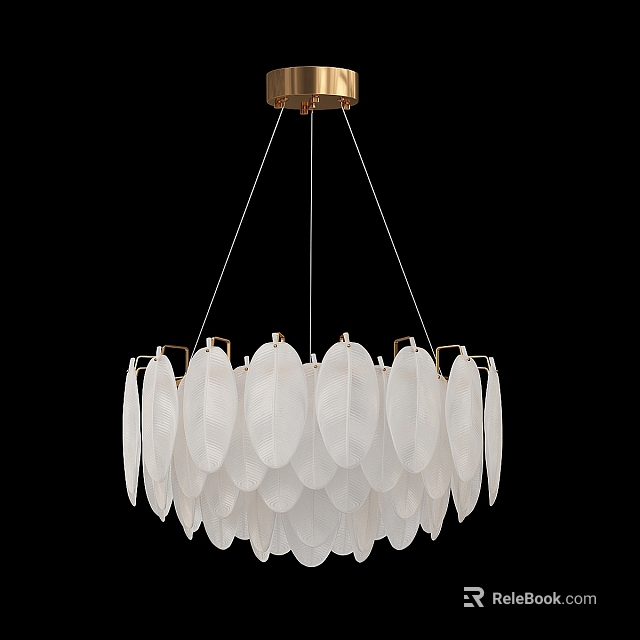 Elegant Modern Chandelier with White Feather Shaped Leaves and Golden Top Design 3d model 