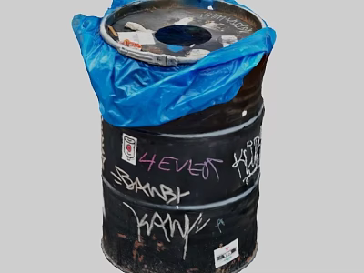 Old Black Barrel Covered With Blue Trash Bag And Graffiti 3d model