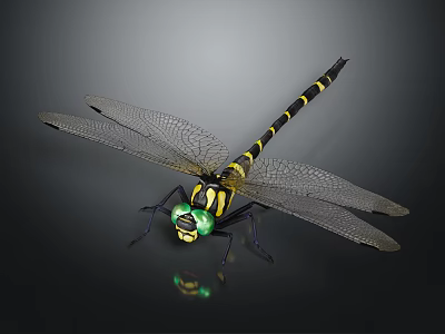 Black and Yellow Striped Dragonfly With Green Glowing Eyes Transparent Wings on Black Background 3d model