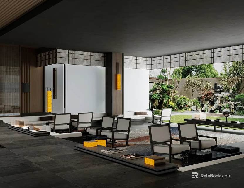 Modern Sales Office Interior And Exterior With Comfortable Seating Outdoor Greenery And Stone Flooring 3d model 