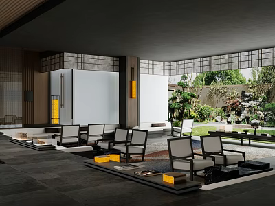 Modern Sales Office Interior And Exterior With Comfortable Seating Outdoor Greenery And Stone Flooring 3d model