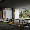 Modern Sales Office Interior And Exterior With Comfortable Seating Outdoor Greenery And Stone Flooring