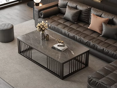 Modern Black Leather Sofa And Marble Top Coffee Table With Pillows Decorations Ottoman 3d model