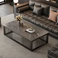 Modern Black Leather Sofa And Marble Top Coffee Table With Pillows Decorations Ottoman