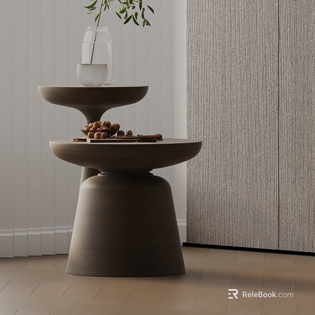 Modern Tiered Wooden Side Table In Warm Brown Tone With Decorative Vase And Items 3d model 