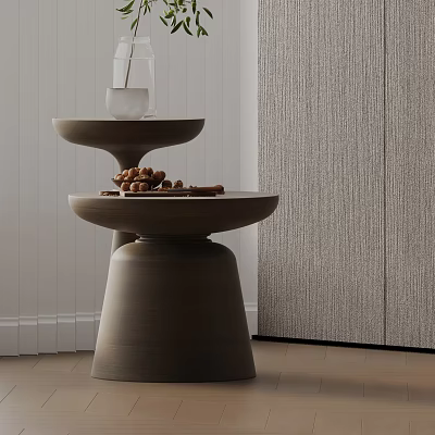 Modern Tiered Wooden Side Table In Warm Brown Tone With Decorative Vase And Items 3d model
