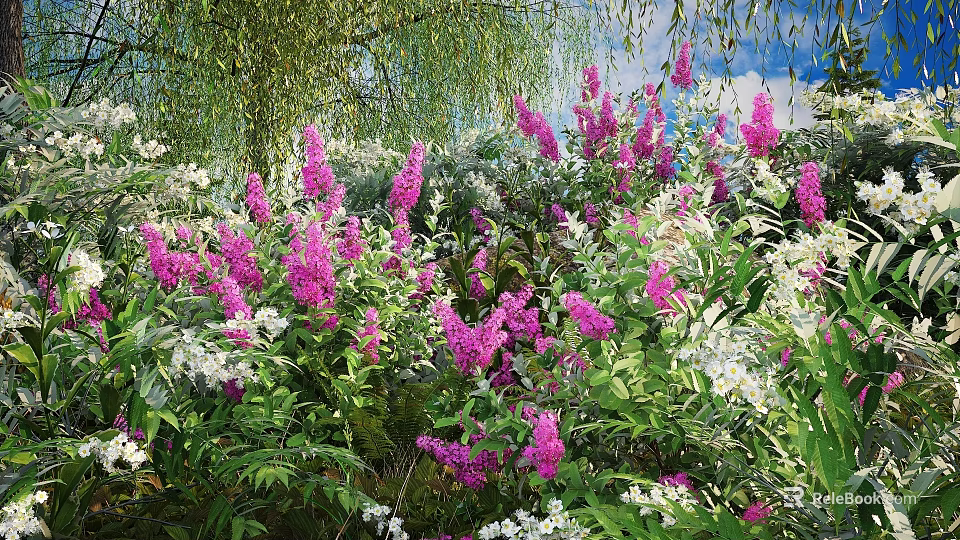 Beautiful Purple Flowering Shrubs In Garden With Lush Green Foliage And White Blooms 3d model 