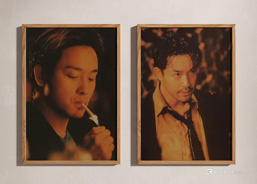 Two Portrait Paintings in Wooden Frames with Warm Tones Smoking Man and Shirt Tie Man 3d model 