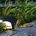 Illuminated Outdoor Light with Black Design Along Stone Path and Green Ferns