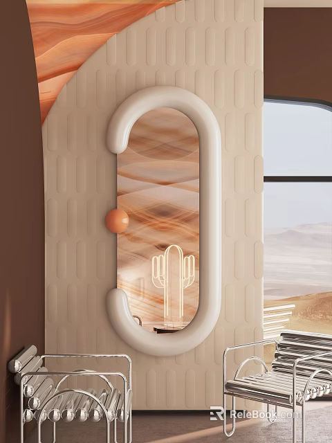 Oval Mirror With Desert Cactus Pattern In Modern Interior 3d model 
