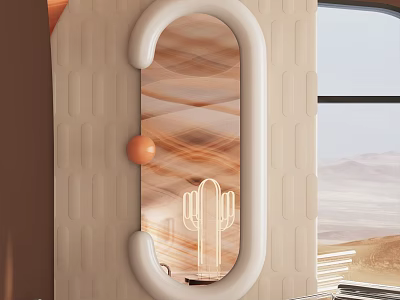 Oval Mirror With Desert Cactus Pattern In Modern Interior 3d model