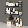 Stylish Black And White Kitchen Shelves With Storage Jars Plants And Utensils