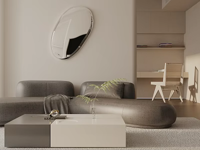 Irregular Shaped Sofa In Modern Living Room With Mirror And Coffee Table 3d model
