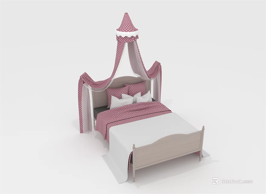 Princess Style Pink Canopy Children's Bed With White Frame And Lattice Pattern Bedding 3d model 