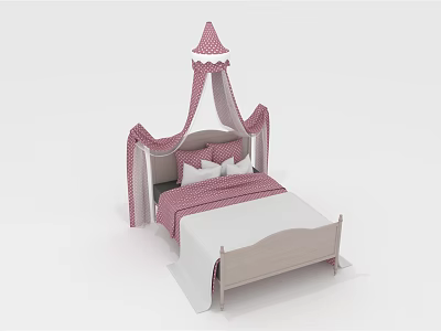 Princess Style Pink Canopy Children's Bed With White Frame And Lattice Pattern Bedding 3d model