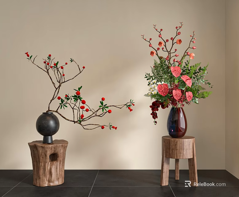 Elegant Decorative Arrangement With Wooden Stools Black Globular Blue Vase Red Berry Branches Pink Flowers 3d model 