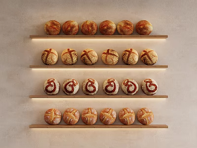 Dessert Shop Display With Decorative Golden Bread On Illuminated Wooden Shelves 3d model