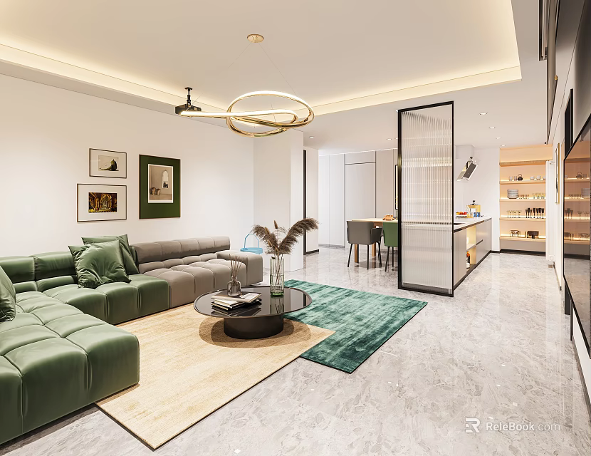 Modern Living Dining Room Interior With Green Sofa Coffee Table Chandelier Decorative Paintings And Rugs 3d model 