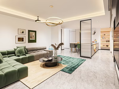 Modern Living Dining Room Interior With Green Sofa Coffee Table Chandelier Decorative Paintings And Rugs 3d model